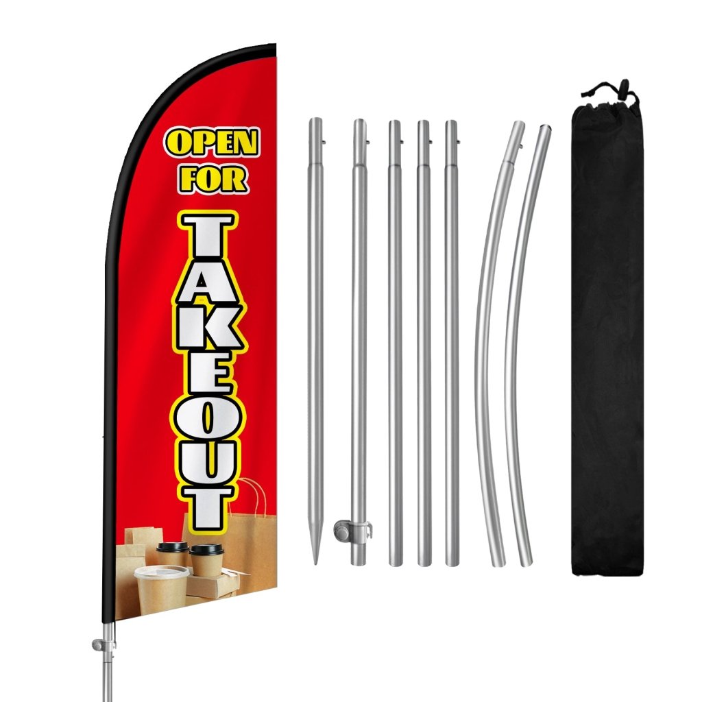 8FT Open For Takeout Red Feather Flag with Stainless Steel Pole Kit(2m flag set)