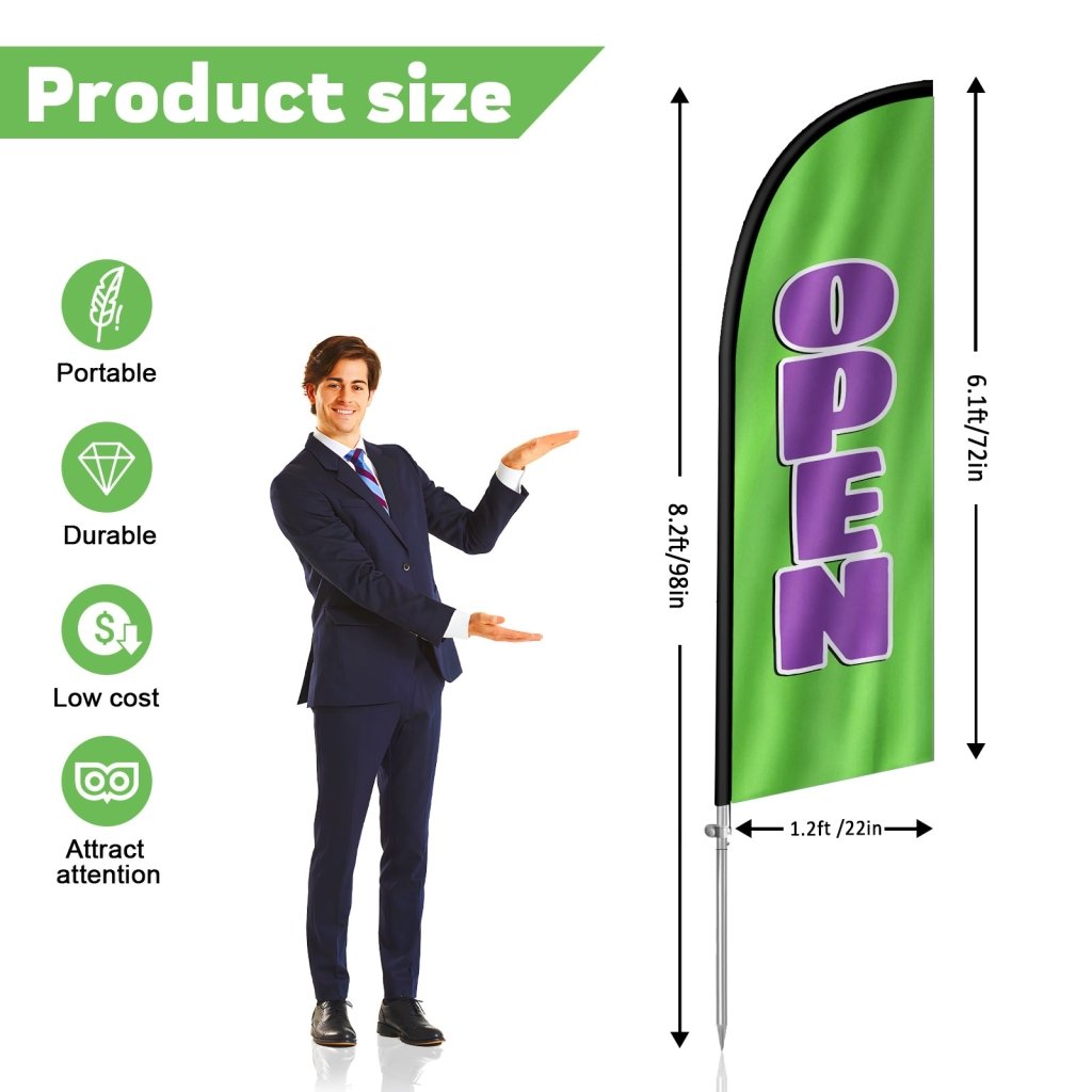 8FT Open green&purple Banner Feather Flag with Stainless Steel Pole Kit(2m flag set)