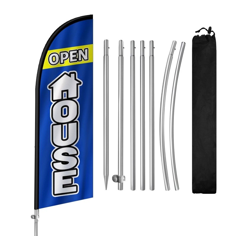 8FT Open House Blue Banner Feather Flag with Stainless Steel Pole Kit/Ground Stake(2m flag set)