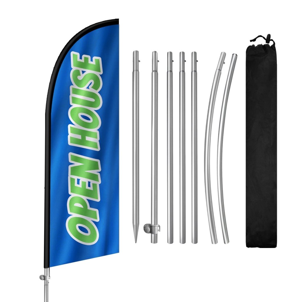 8FT Open House Blue&Green Feather Flag with Stainless Steel Pole Kit/Ground Stake(2m flag set)