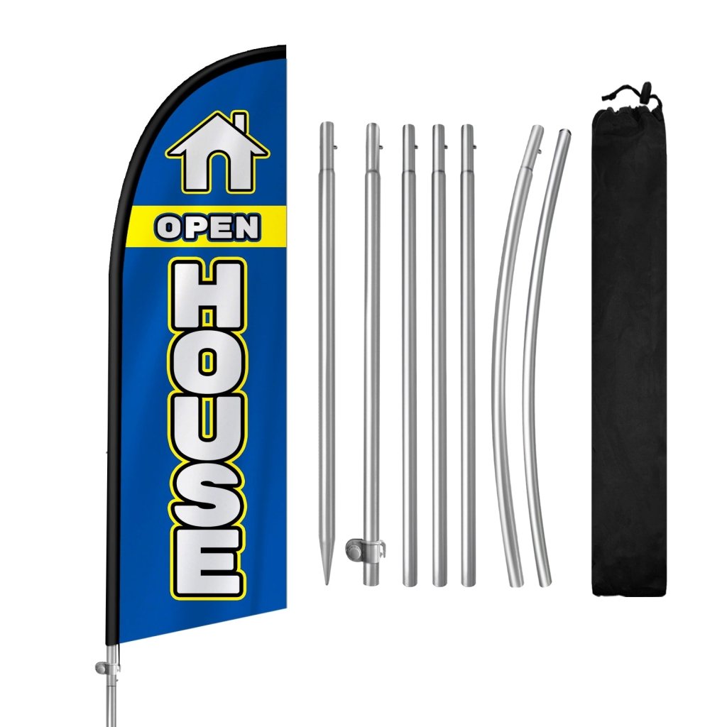 8FT Open House Blue&White Banner Feather Flag with Stainless Steel Pole Kit/Ground Stake(2m flag set)