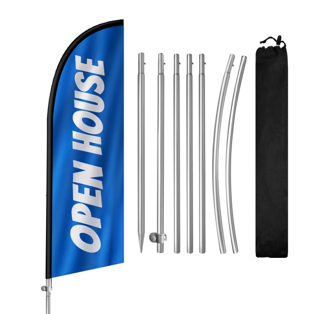 8FT Open House Blue&White Feather Flag with Stainless Steel Pole Kit/Ground Stake(2m flag set)