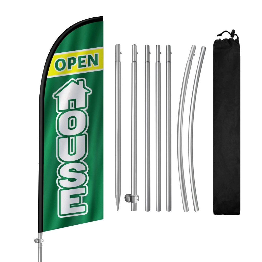 8FT Open House Green Feather Flag with Stainless Steel Pole Kit/Ground Stake(2m flag set)