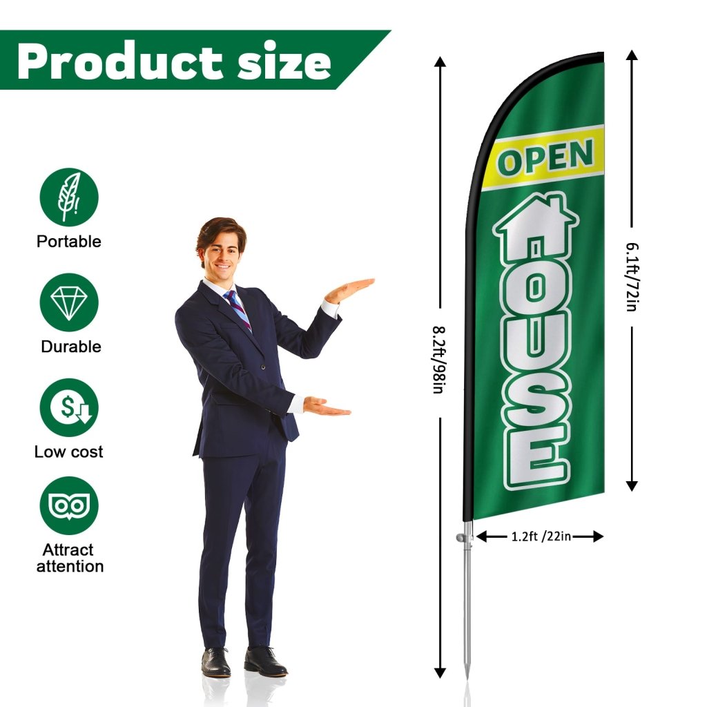 8FT Open House Green Feather Flag with Stainless Steel Pole Kit/Ground Stake(2m flag set)