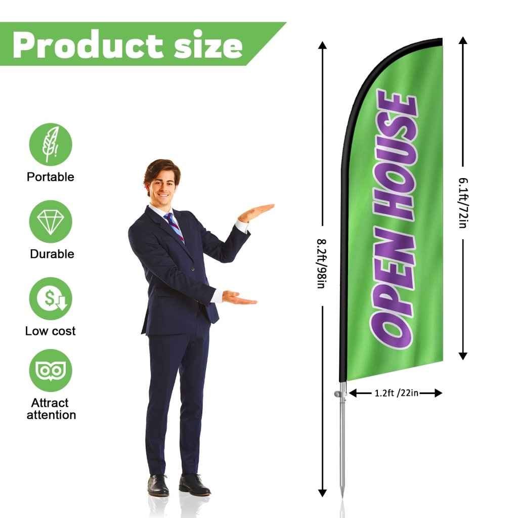 8FT Open House Green&Purple Feather Flag with Stainless Steel Pole Kit/Ground Stake(2m flag set)