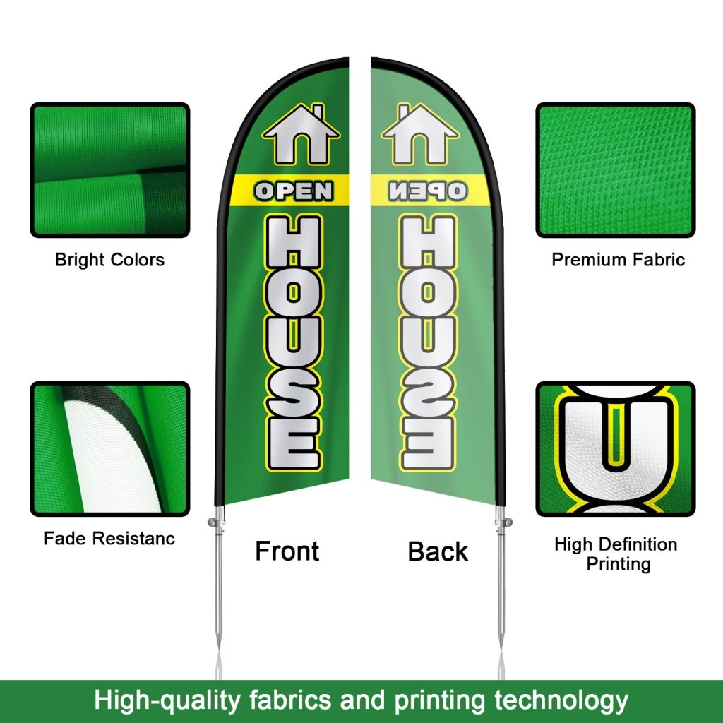 8FT Open House Green&White Banner Feather Flag with Stainless Steel Pole Kit/Ground Stake(2m flag set)