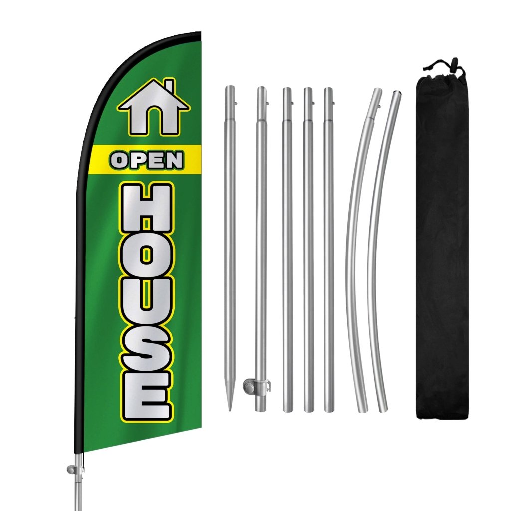 8FT Open House Green&White Banner Feather Flag with Stainless Steel Pole Kit/Ground Stake(2m flag set)