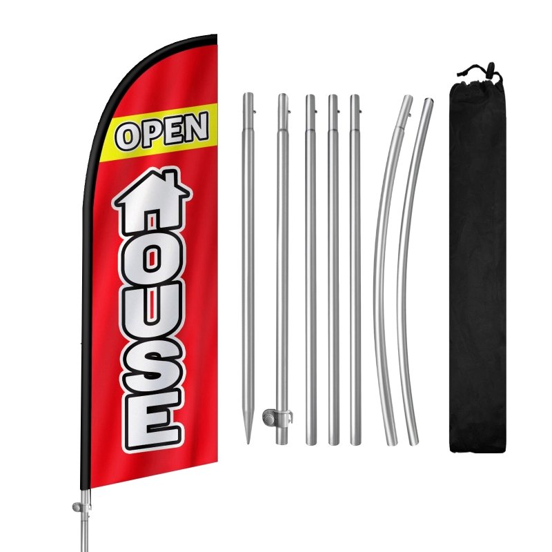 8FT Open House Red Banner Feather Flag with Stainless Steel Pole Kit/Ground Stake(2m flag set)