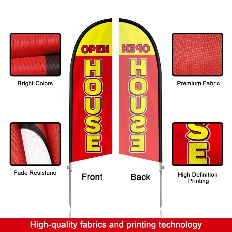 8FT Open House Red & Yellow 01 Banner Feather Flag with Stainless Steel Pole Kit/Ground Stake(2m flag set)