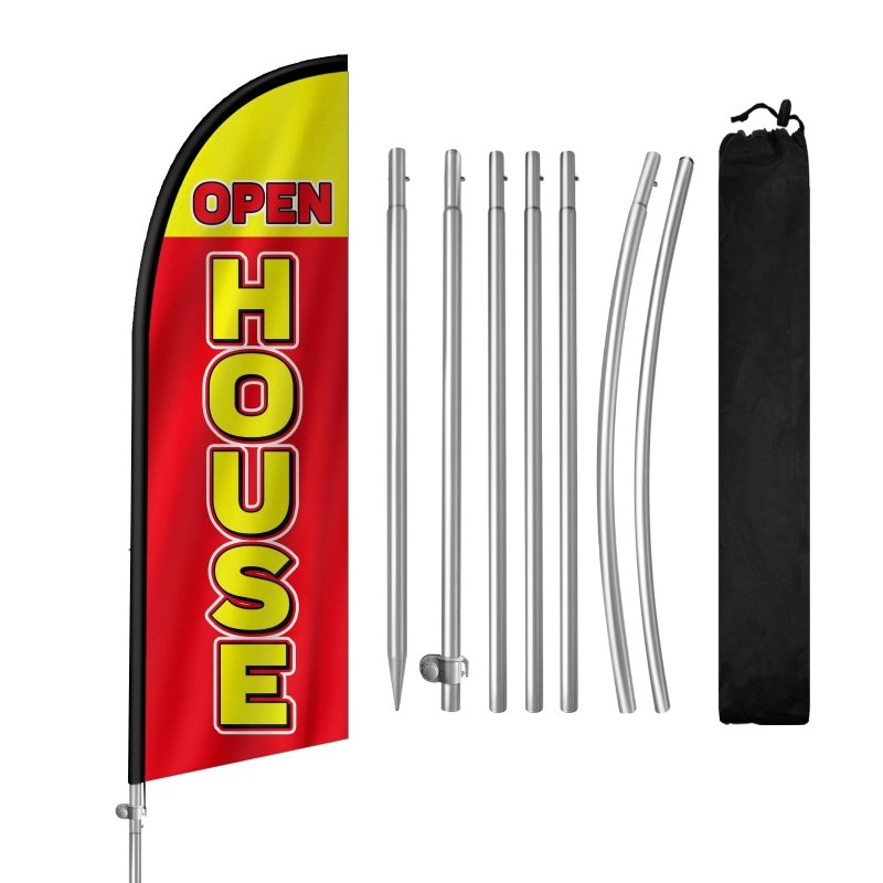 8FT Open House Red & Yellow 01 Banner Feather Flag with Stainless Steel Pole Kit/Ground Stake(2m flag set)