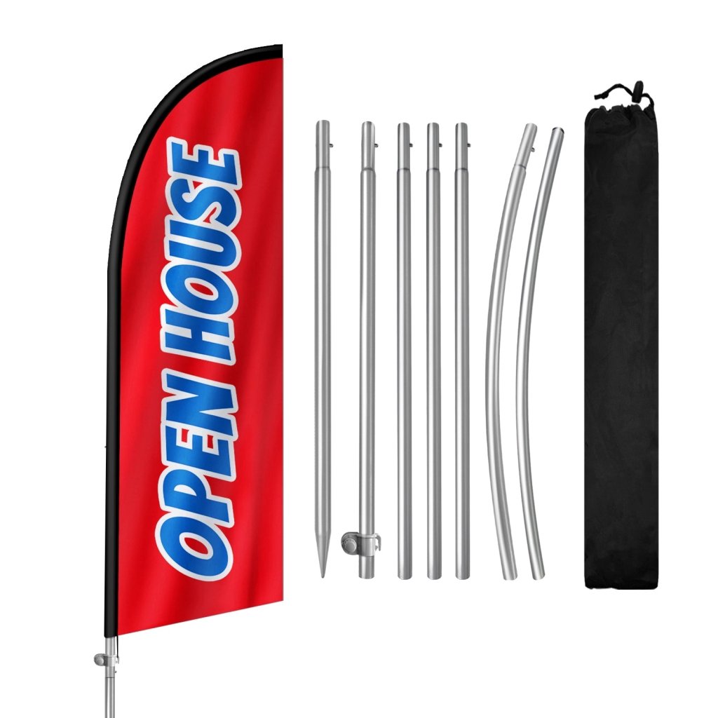 8FT Open House Red&Blue Feather Flag with Stainless Steel Pole Kit/Ground Stake(2m flag set)