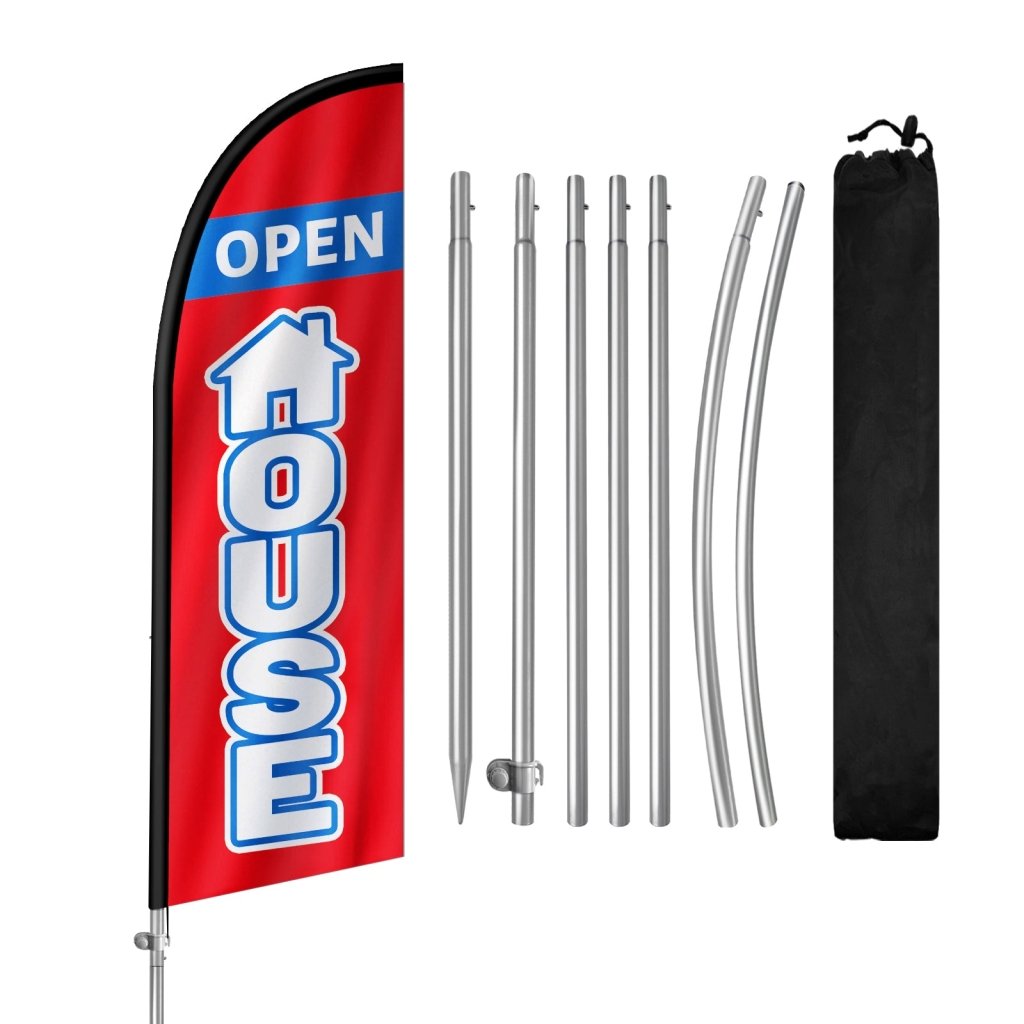 8FT Open House Red&White Banner Feather Flag with Stainless Steel Pole Kit/Ground Stake(2m flag set)