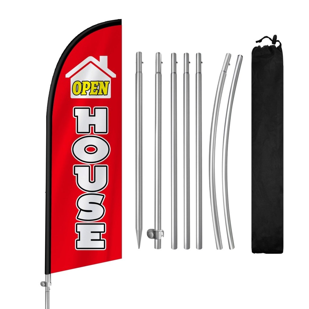 8FT Open House Red&White Feather Flag with Stainless Steel Pole Kit/Ground Stake(2m flag set)