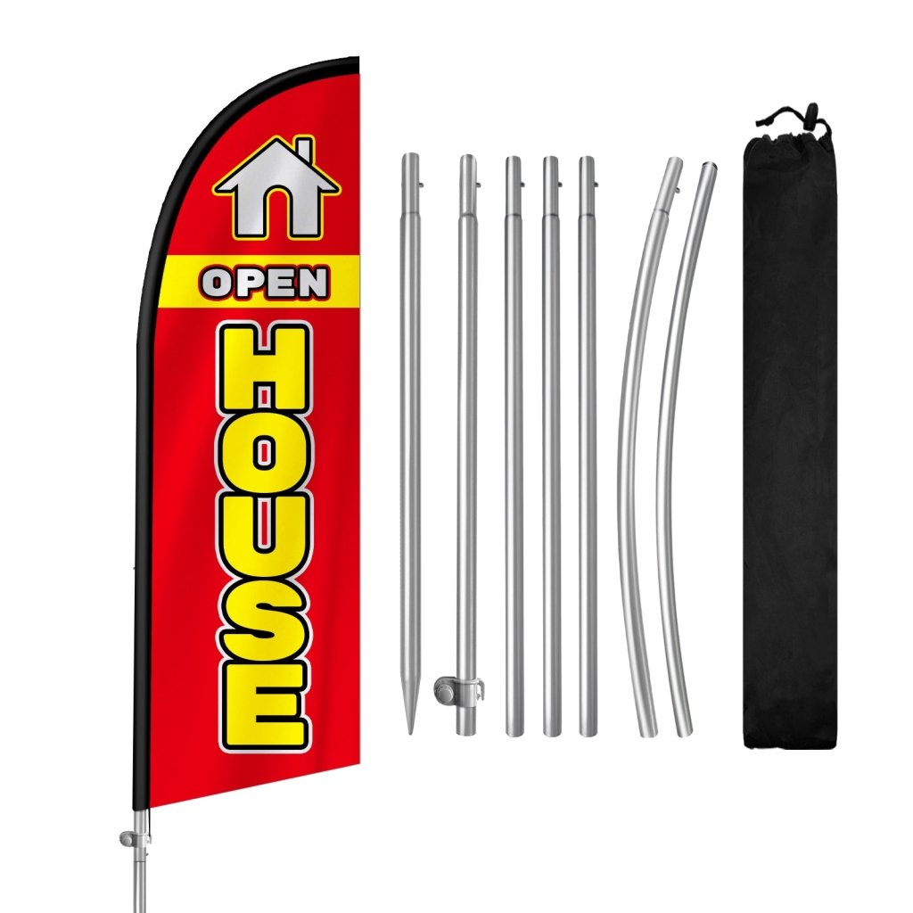 8FT Open House Red&Yellow Banner Feather Flag with Stainless Steel Pole Kit/Ground Stake(2m flag set)