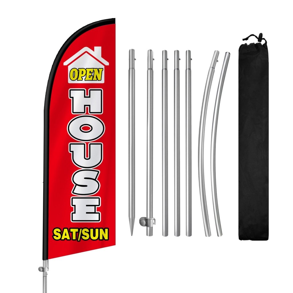 8FT Open House Sun/Sat Red & White Banner Feather Flag with Stainless Steel Pole Kit/Ground Stake(2m flag set)