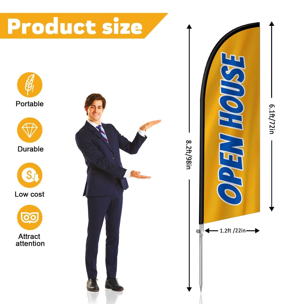 8FT Open House Yellow&Blue Feather Flag with Stainless Steel Pole Kit/Ground Stake(2m flag set)