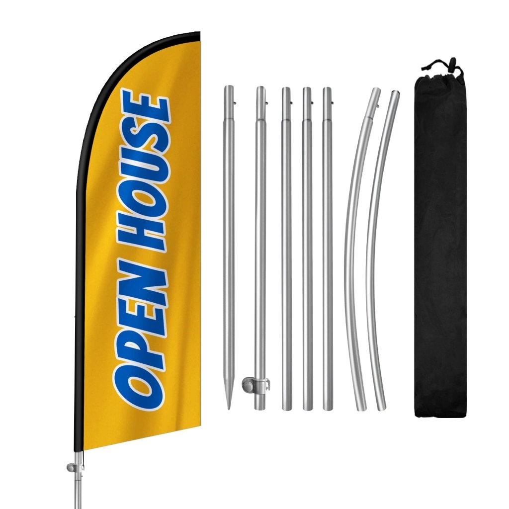 8FT Open House Yellow&Blue Feather Flag with Stainless Steel Pole Kit/Ground Stake(2m flag set)