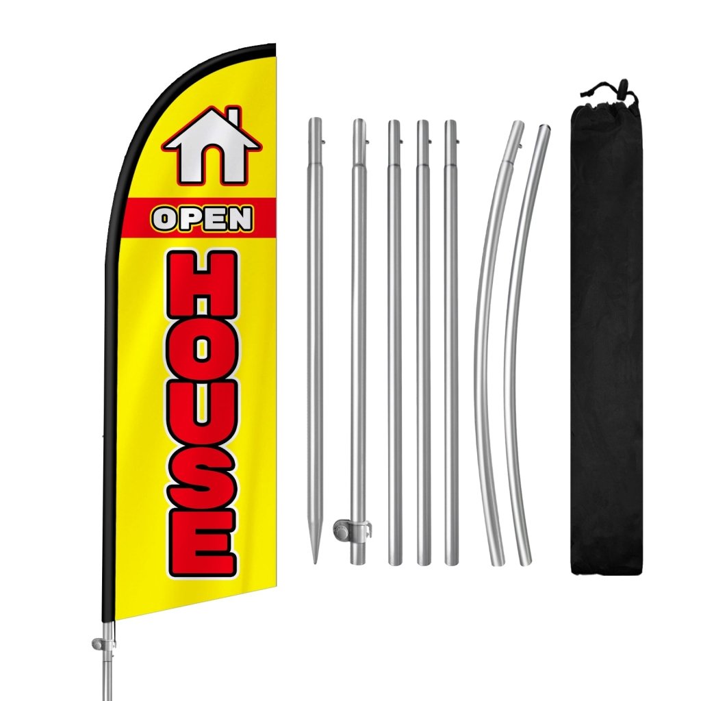 8FT Open House Yellow&Red Banner Feather Flag with Stainless Steel Pole Kit/Ground Stake(2m flag set)