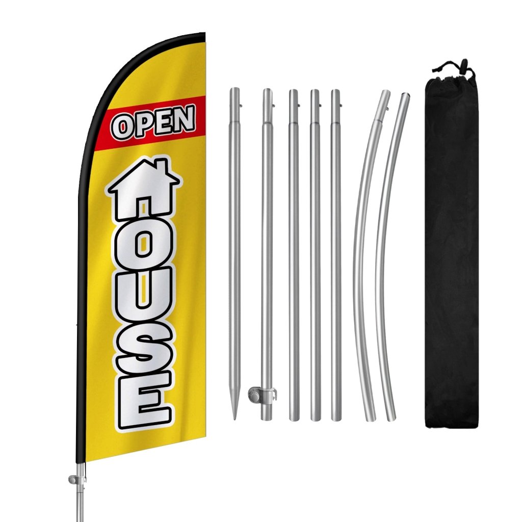 8FT Open House Yellow&White Feather Flag with Stainless Steel Pole Kit/Ground Stake(2m flag set)