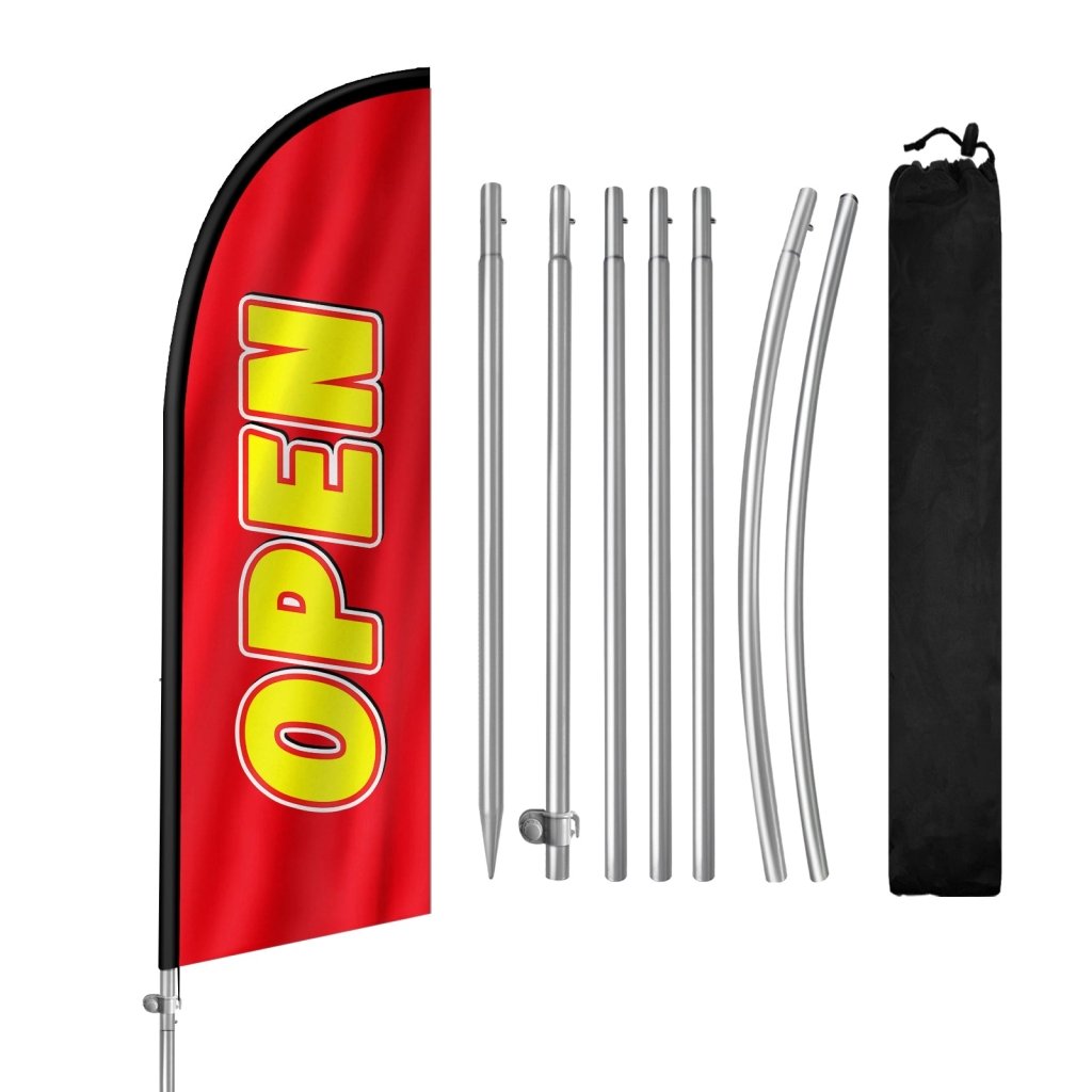 8FT Open Red Banner Feather Flag with Stainless Steel Pole Kit(2m flag set)