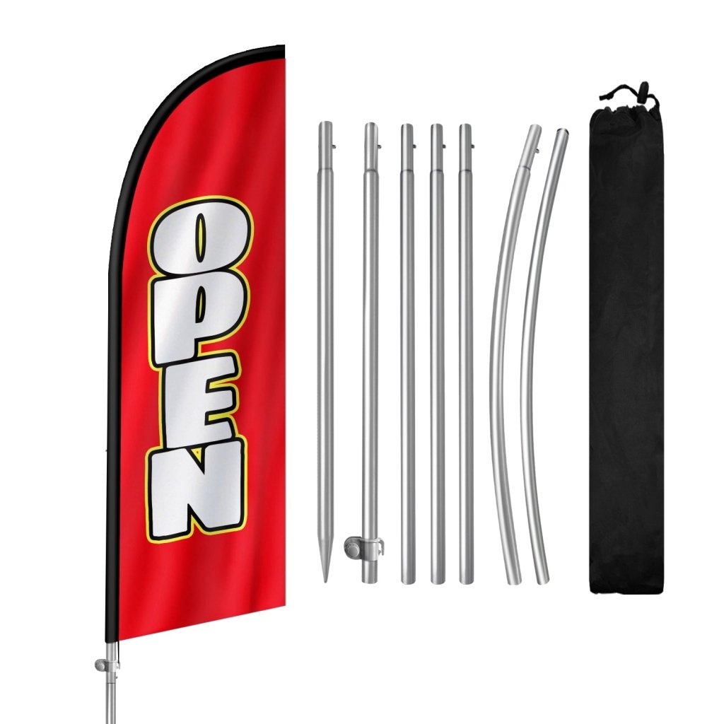 8FT Open Red & White Banner Feather Flag with Stainless Steel Pole Kit(2m flag set)