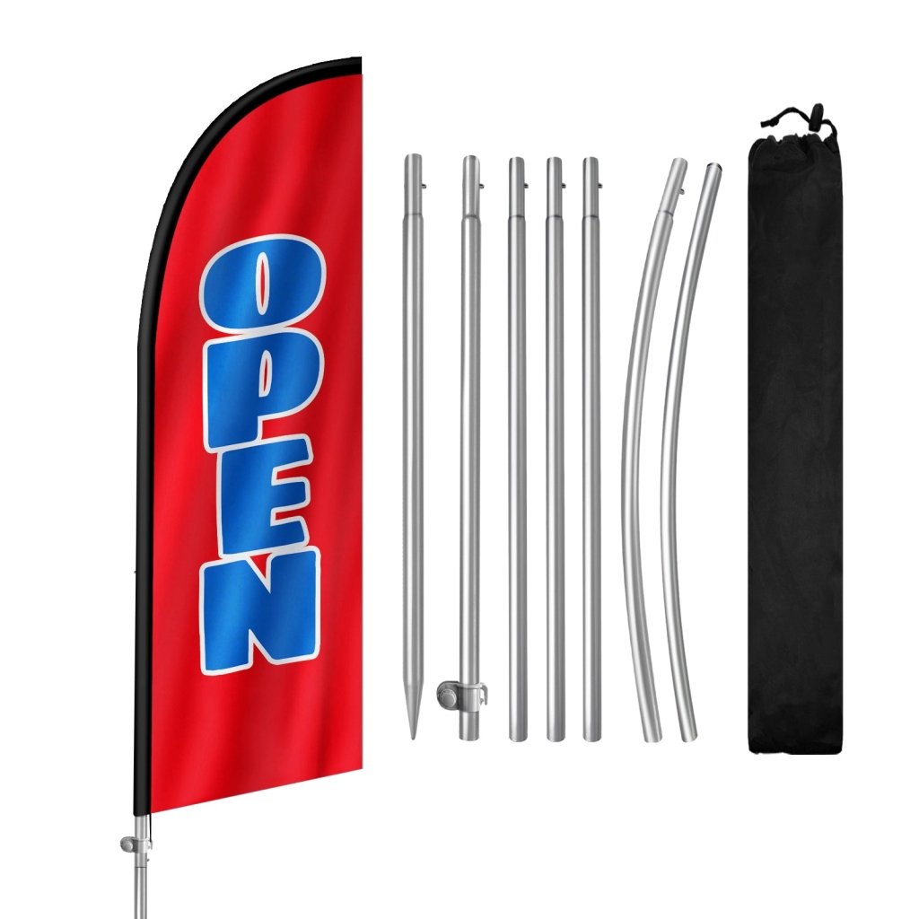 8FT Open red&blue Banner Feather Flag with Stainless Steel Pole Kit(2m flag set)