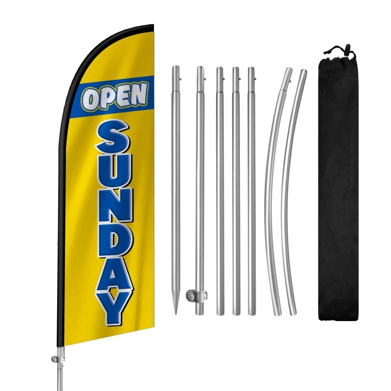 8FT Open Sunday Yellow Banner Feather Flag with Stainless Steel Pole Kit(2m flag set)