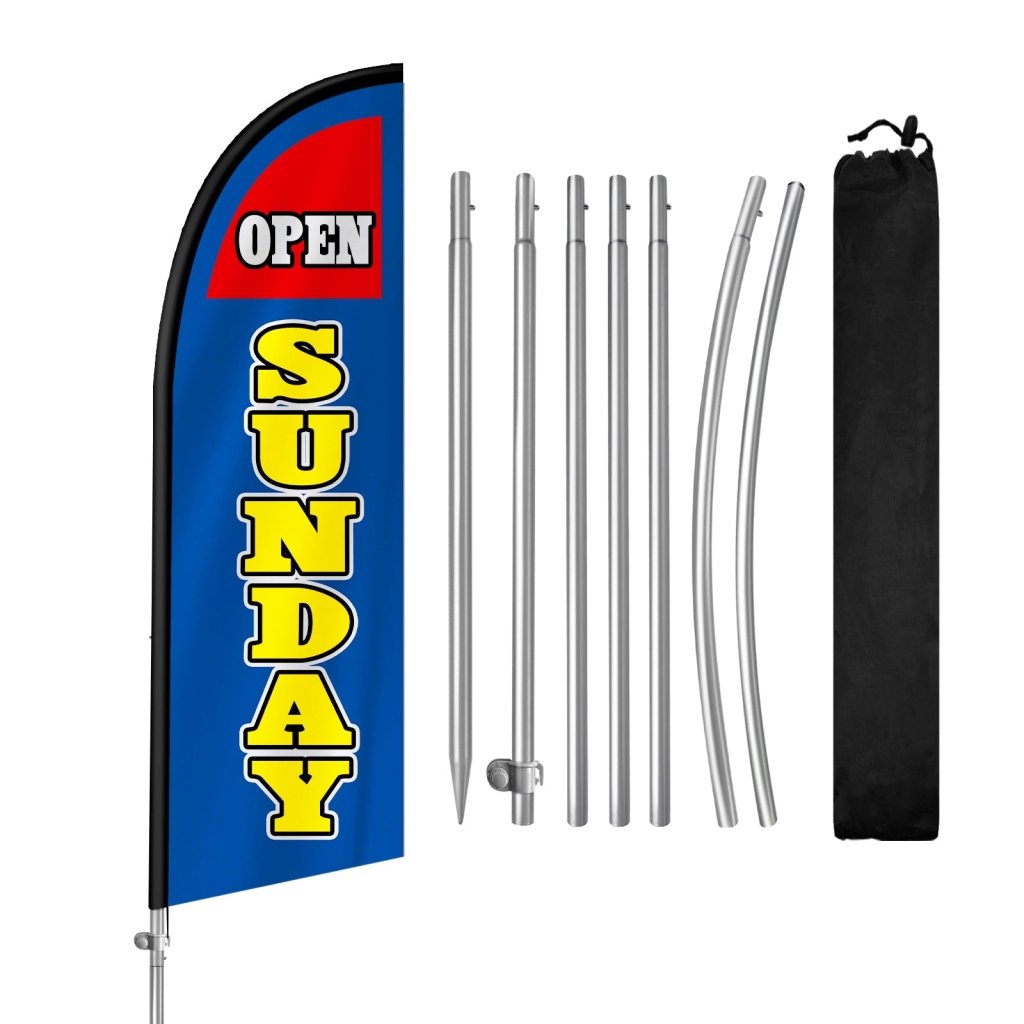 8FT Open Sundays Blue&Yellow Feather Flag with Stainless Steel Pole Kit(2m flag set)