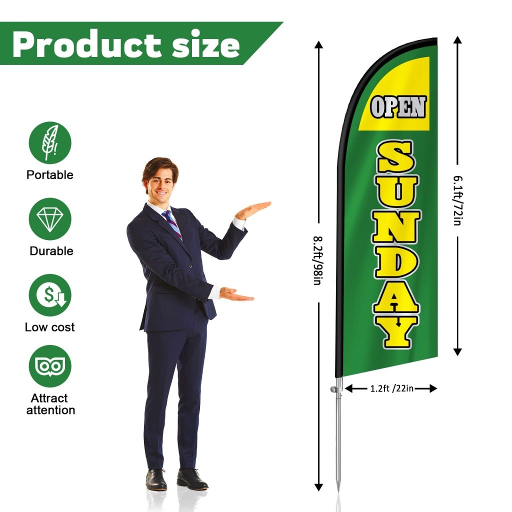 8FT Open Sundays Green&Yellow Feather Flag with Stainless Steel Pole Kit(2m flag set)