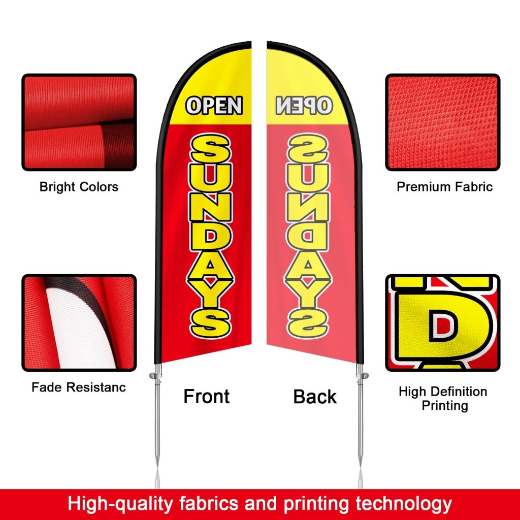 8FT Open Sundays Red&Yellow Feather Flag with Stainless Steel Pole Kit(2m flag set)