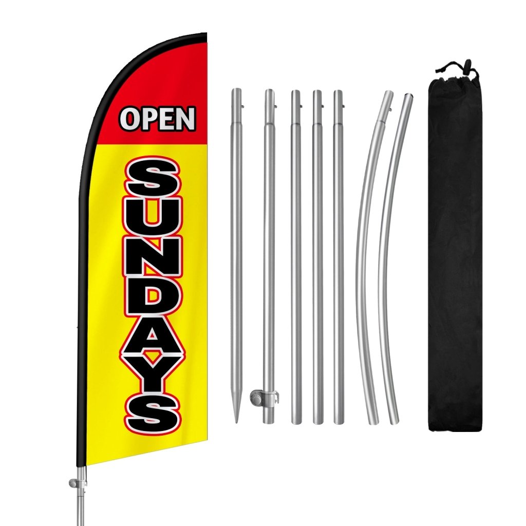 8FT Open Sundays Yellow&Black Feather Flag with Stainless Steel Pole Kit(2m flag set)