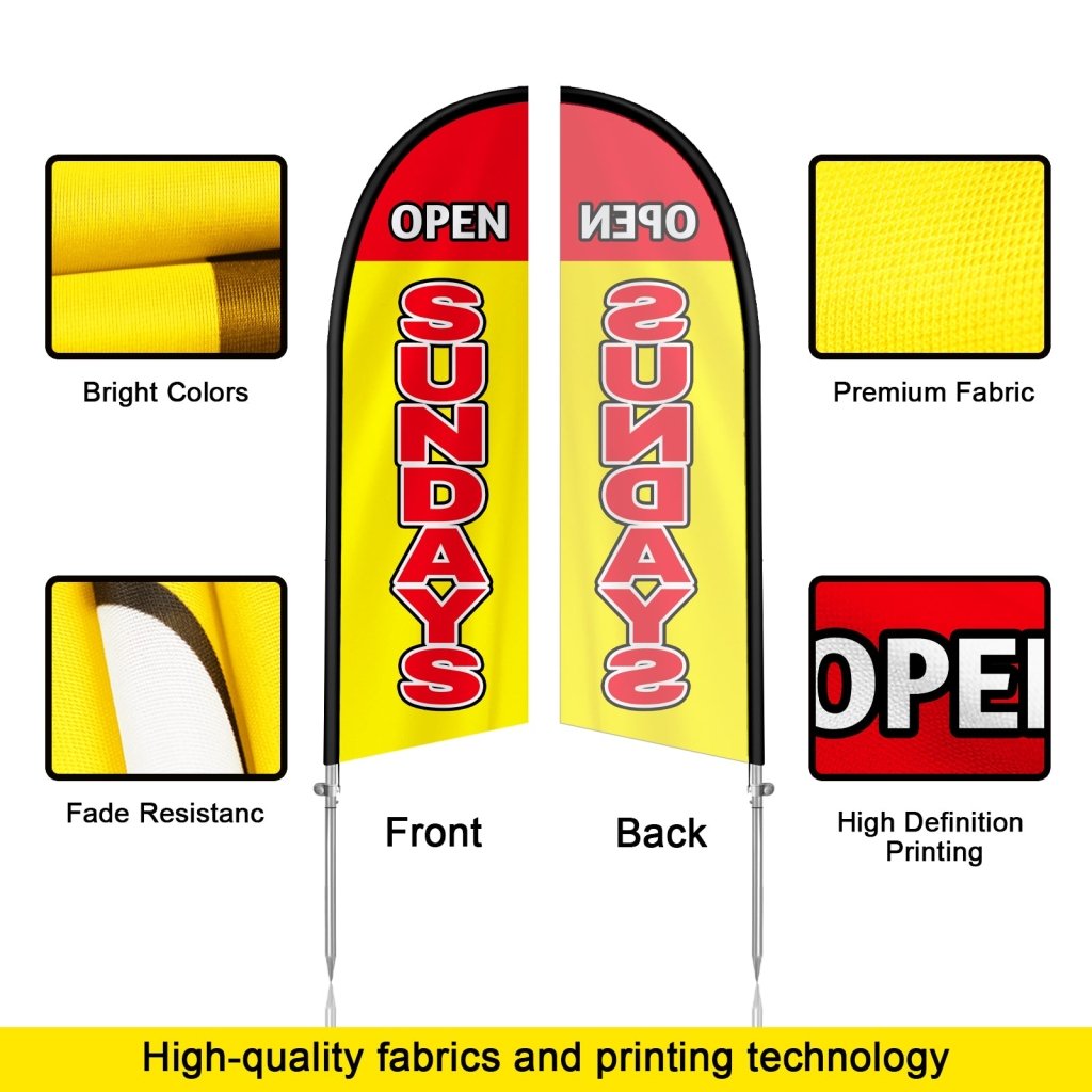 8FT Open Sundays Yellow&Red Feather Flag with Stainless Steel Pole Kit(2m flag set)