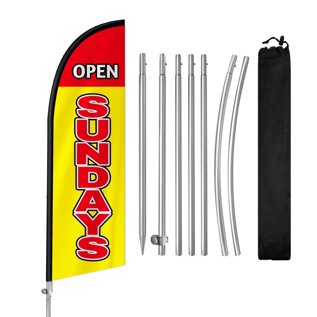 8FT Open Sundays Yellow&Red Feather Flag with Stainless Steel Pole Kit(2m flag set)