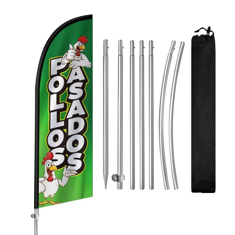 8FT Pollos Asados Banner Feather Flag with Stainless Steel Pole Kit(2m flag set)