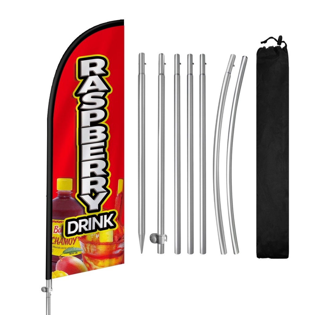 8FT Raspberry Drink Banner Feather Flag with Stainless Steel Pole Kit(2m flag set)