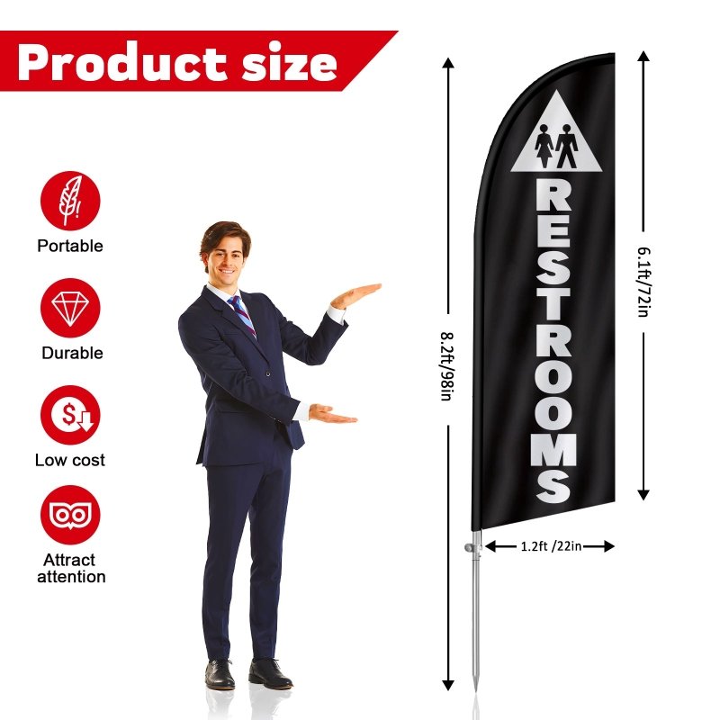 8FT Restrooms Banner Feather Flag with Stainless Steel Pole Kit(2m flag set)