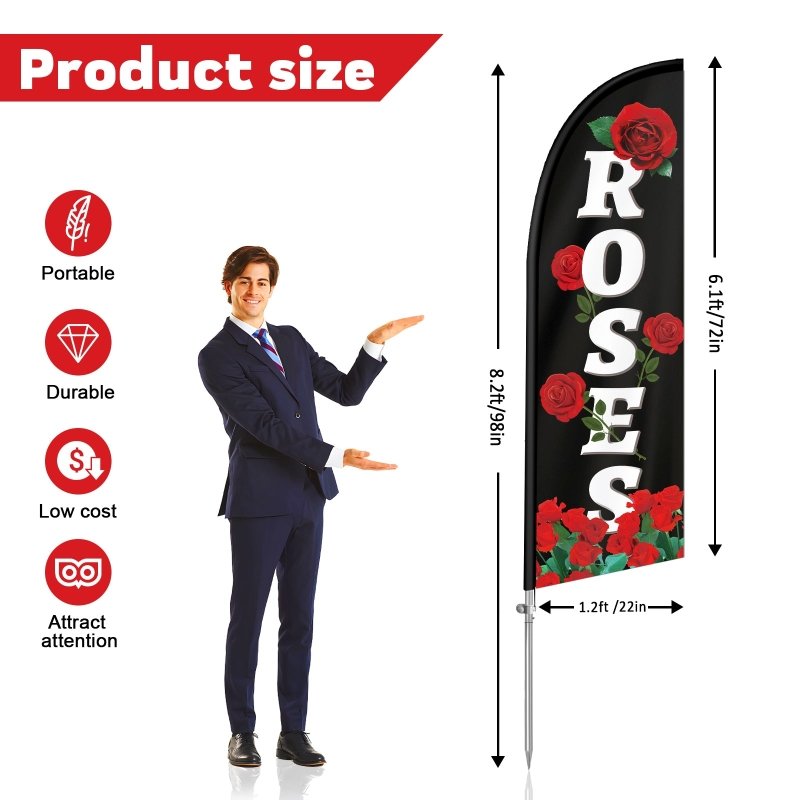 8FT Roses Feather Flag with Stainless Steel Pole Kit(2m flag set)