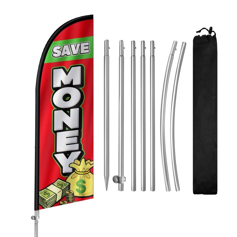 8FT Save Money Banner Feather Flag with Stainless Steel Pole Kit(2m flag set)