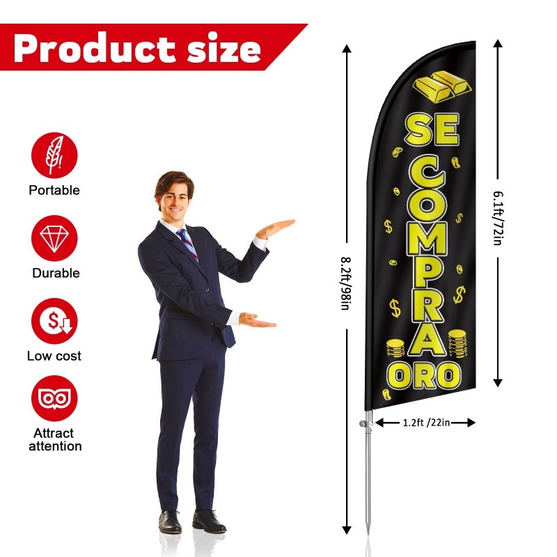 8FT Se Compra Oro (We Buy Gold) Banner Feather Flag with Pole Kit/Ground Stake(2m flag set)