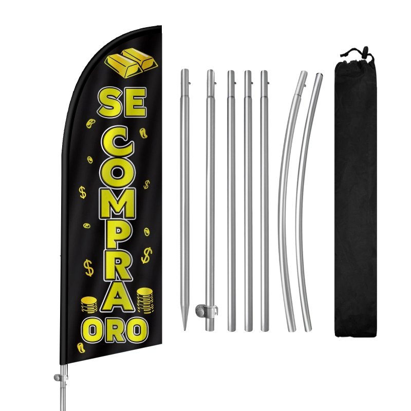 8FT Se Compra Oro (We Buy Gold) Banner Feather Flag with Pole Kit/Ground Stake(2m flag set)