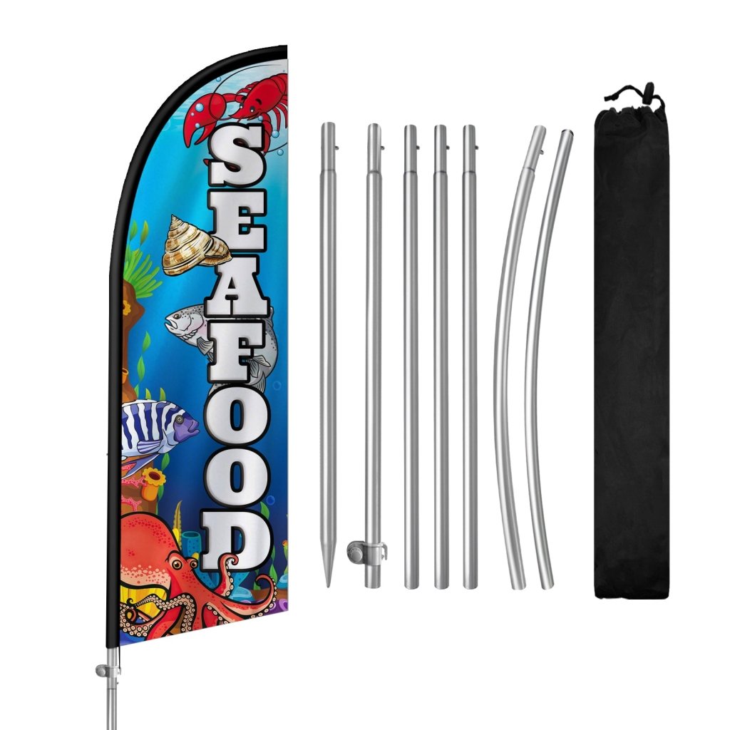 8FT Seafood 01 Feather Flag with Stainless Steel Pole Kit/Ground Stake(2m flag set）