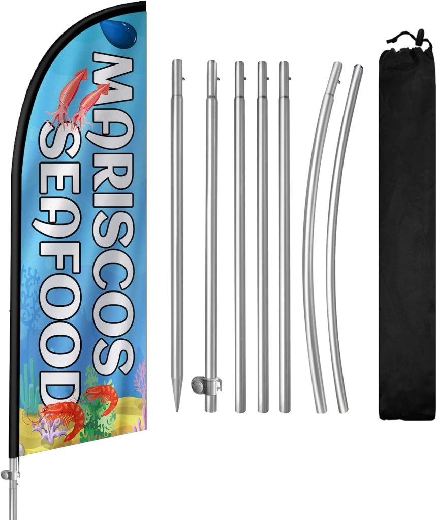 8FT Seafood Light Blue Feather Flag with Stainless Steel Pole Kit/Ground Stake(2m flag set）