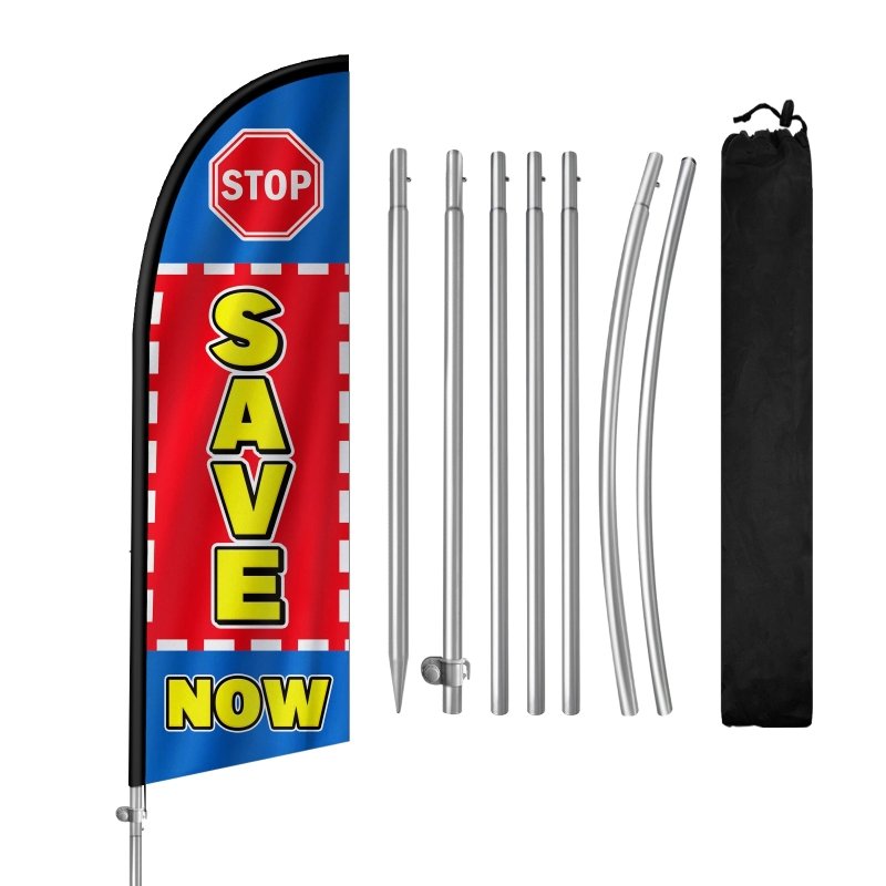 8FT Stop Save Now Banner Feather Flag with Stainless Steel Pole Kit/Ground Stake(2m flag set)