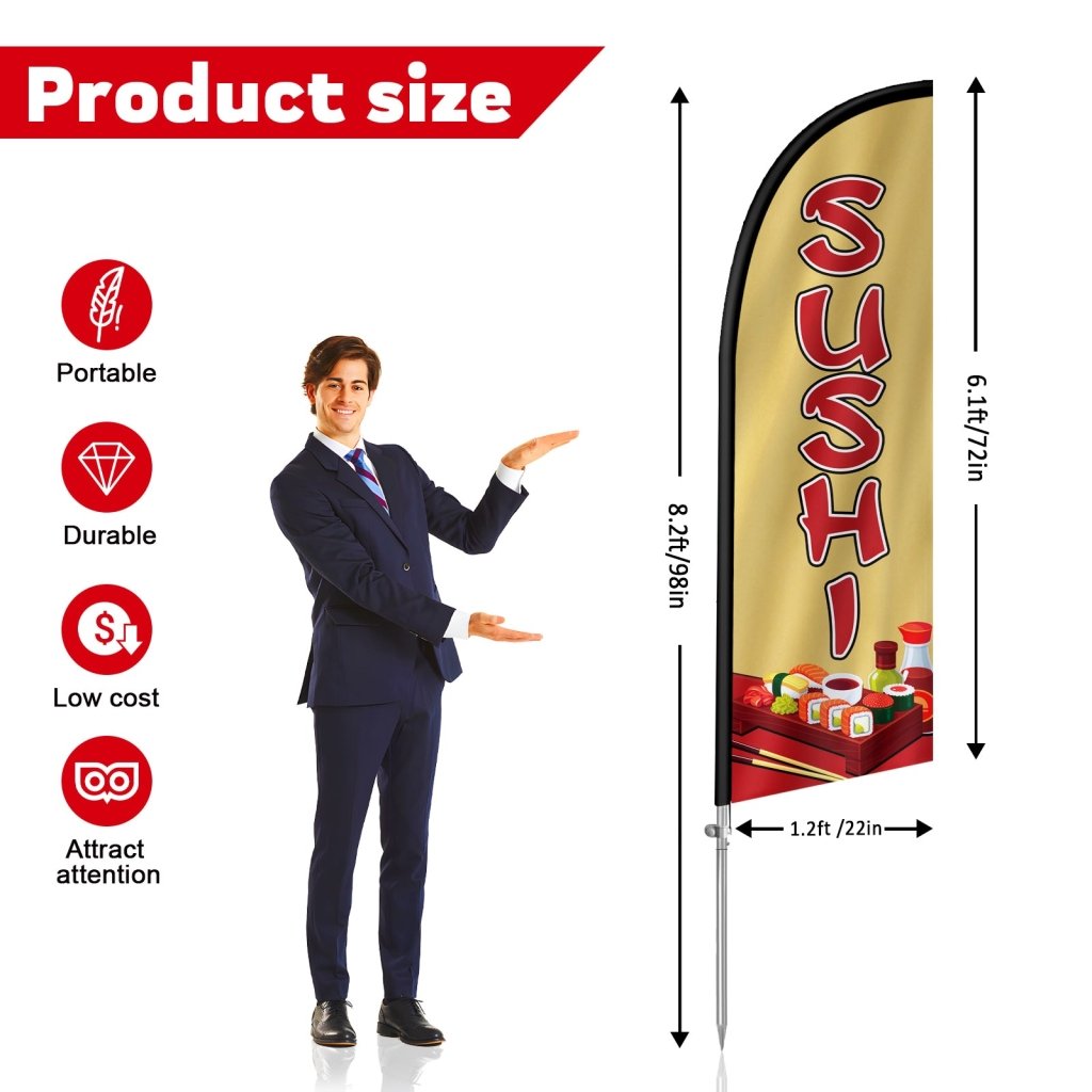 8FT Sushi Sign Feather Flag with Stainless Steel Pole Kit(2m flag set)