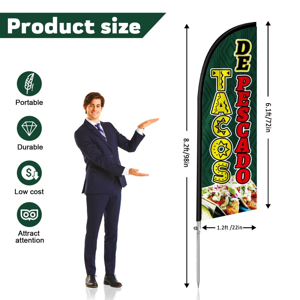 8FT Tacos De Pescado Feather Flag with Stainless Steel Pole Kit(2m flag set)