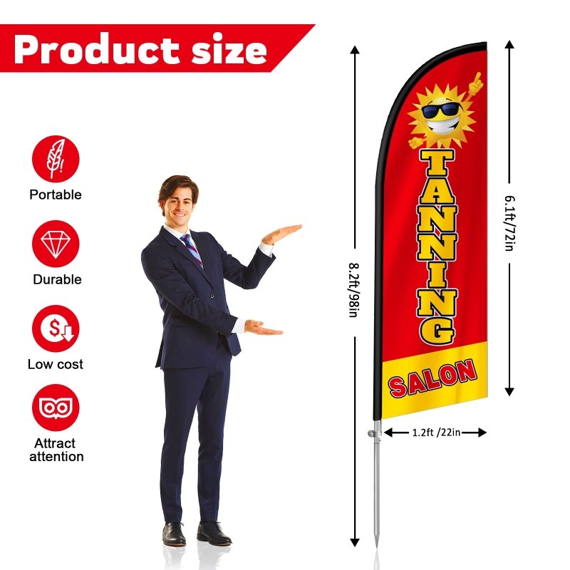 8FT Tanning Salon Red Feather Flag with Stainless Steel Pole Kit(2m flag set)