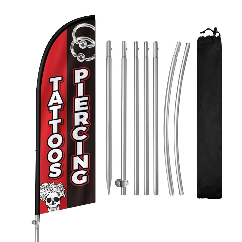 8FT Tattoos&Piercing Banner Feather Flag with Stainless Steel Pole Kit(2m flag set)