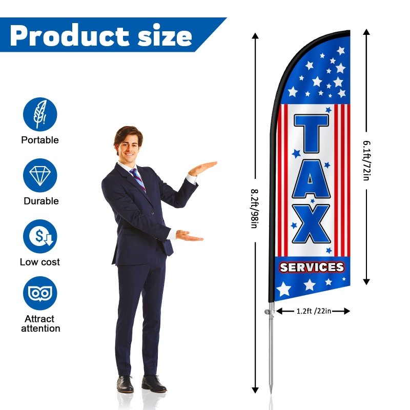 8FT Tax Services Banner Feather Flag with Stainless Steel Pole Kit(2m flag set)