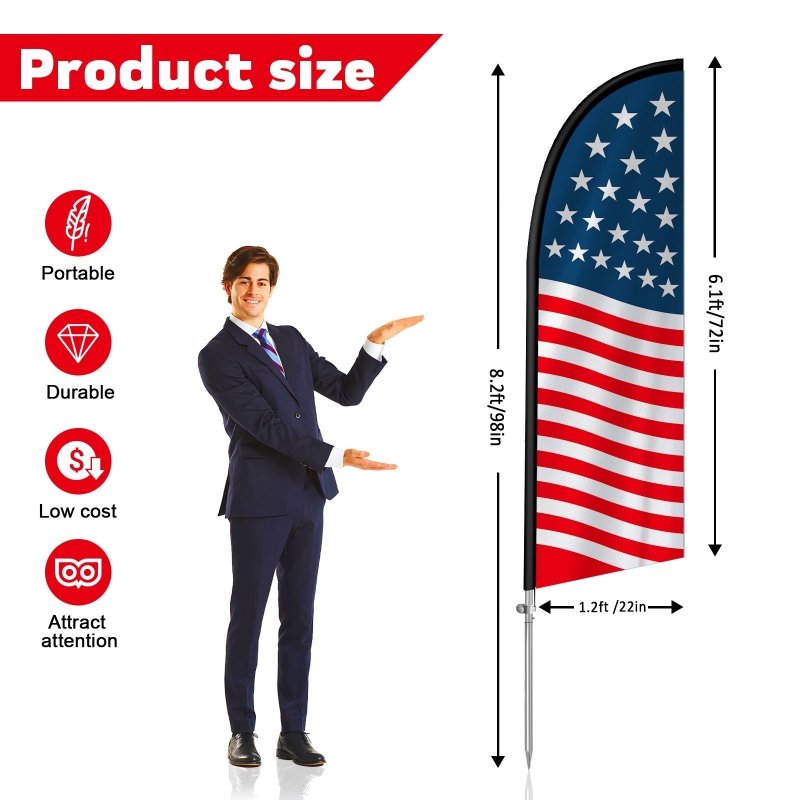 8FT US National Feather Flag with Stainless Steel Pole Kit(2m flag set)