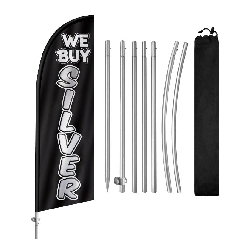 8FT We Buy Silver Banner Feather Flag with Stainless Steel Pole Kit(2m flag set)